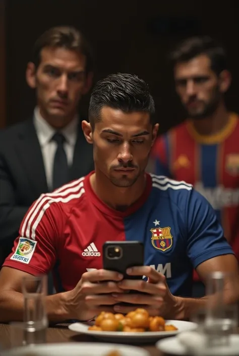 Create a hyper-realistic image of Ronaldo wearing his teams football jersey all feelings goods the waitor comes and give him a food the Ronaldo bussy in his mobile phone the leon messy and Diegomaradona sees him with  poor expration the picture which you g...