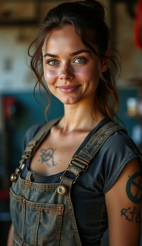 NORWAY ((best quality)), ((masterpiece)), (detailed), mesmerizing and alluring female mechanic covered in grease,Confident smile，Look into the camera，(Dirty and rugged charm:1.2), (tough and confident demeanor:1.1), (mechanical expertise:1.3), disheveled h...