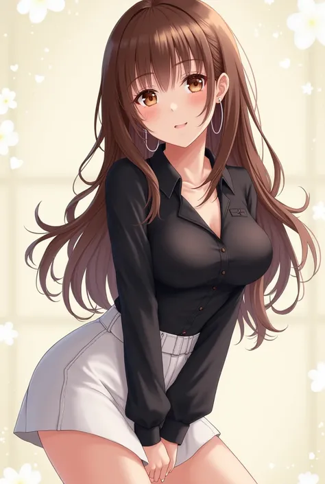 Anime girl, brown hair, brown eyes, curvy, black shirt, long sleeves, short white skirt 