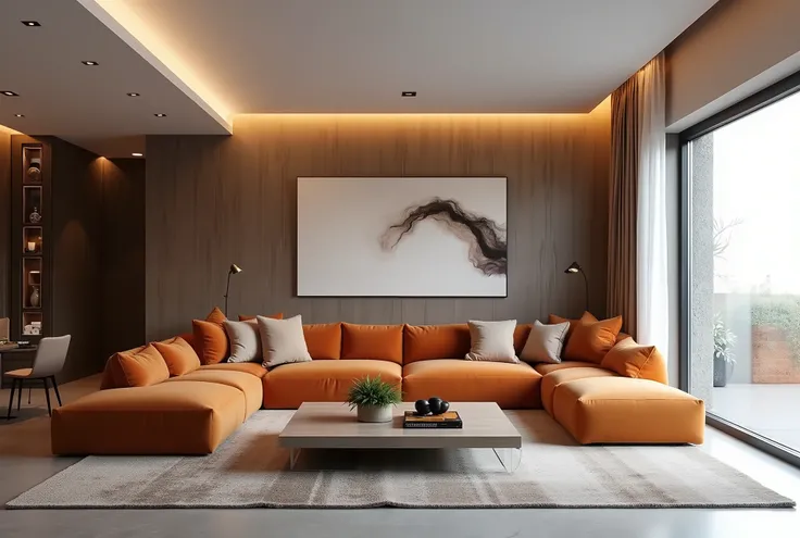 A contemporary living room with a statement sofa, modern art, and sleek lighting.