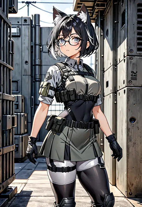 8K Ultra High-Quality, ultra-detailed, High quality, Black hair with white highlights, two eye colors black and grey, short hair, cat ears, glasses, skirt, spandex pants under skirt, gloves, grey tactical clothes, vest, body harness, military base, full bo...