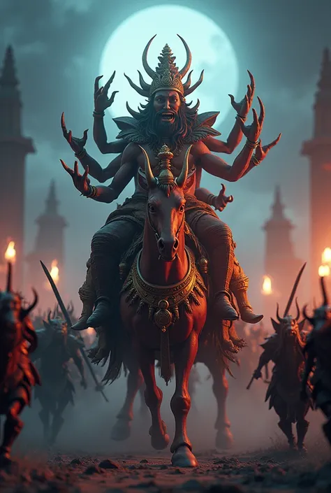 In cinematic 3d cartoon image "On one side, the powerful demon king Ravan rides a chariot, surrounded by his army of demons