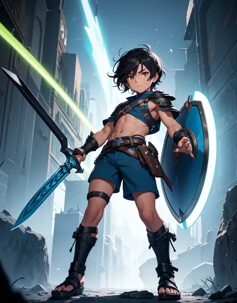 Young boy with black hair, brown eyes and olive skin, happy, wearing neon blue barbarian tunic, blue shorts, gauntlets and sandals, weilding sword and shield, blue armor, fullbody, muscular, 5 fingers, 5 toes