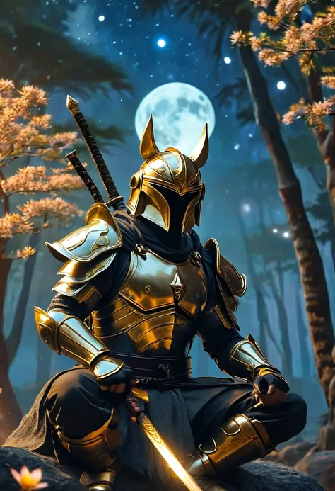 The Mandalorian in black samurai armor with gold runes,  wolf ears on a samurai helmet ,  in front of him, a golden laser katana , meditates in the lotus position on a runic stone, lights fly around him , Night, The Moon Overhead, jungle