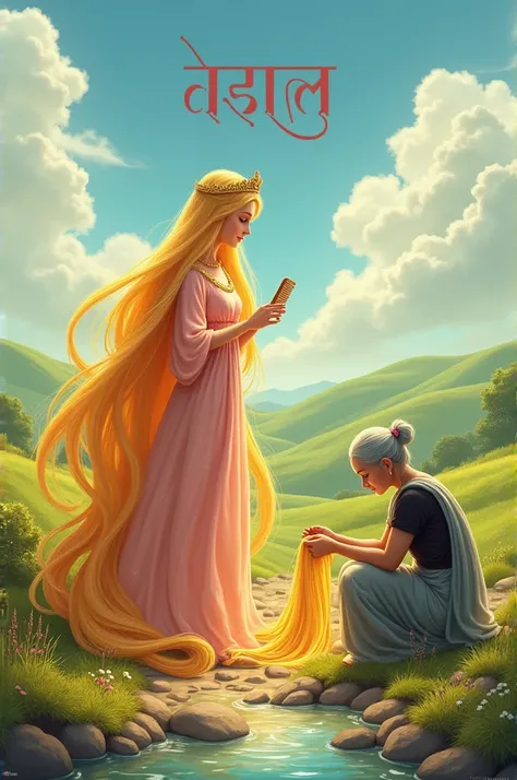 On the left, a beautiful young princess with long, golden hair stands by a stream in an open countryside landscape. She wears a flowing pink gown and a golden crown, gently combing her long, magical hair with a wooden comb. Her hair touches the ground and ...