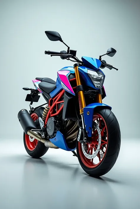 "Design a naked version of a 500cc bike with a sporty, minimalistic look. The handlebars are slightly raised for a more upright riding position, reducing forward lean. The bike has minimal side visors and a compact, sharp-edged headlight with DRLs. Retain ...