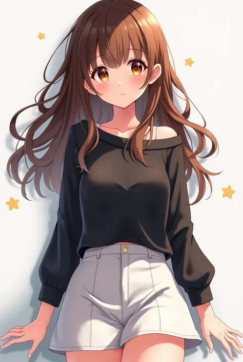 Anime girl, brown hair, brown eyes, curvy, black shirt, long sleeves, short white skirt 