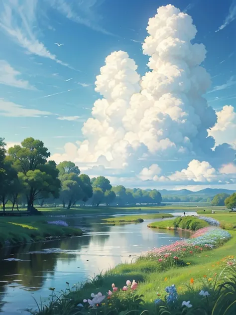 Realistic, Genuine,   beautiful and wonderful landscape oil painting studio Ghibli Miyazaki Hayao;Petal meadow with blue sky and white clouds