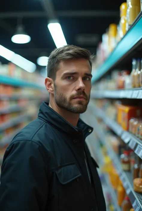 Vertical picture of a man in super market seeing in front