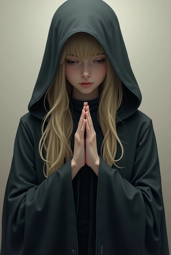 Girl with long blond hair with a black hood but who cant see her face and with her hands clasped as if praying or thinking 