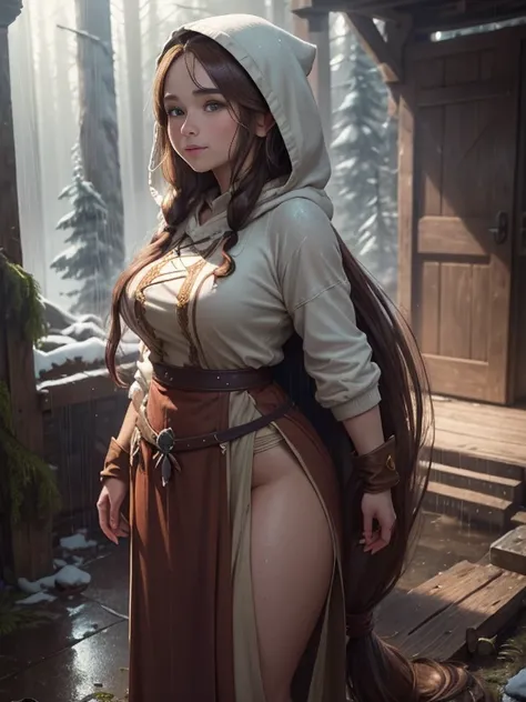 A beautiful village woman with a gentle smile, ((best quality))) (((HD))) (((8k))) (character) 20-year-old woman, ((adventurous)) elf, ((beautiful)), ((brown hair)) and ((very long hair:1.5)), voluptuous, Brown hair body large breasts thick thighs, ((long ...