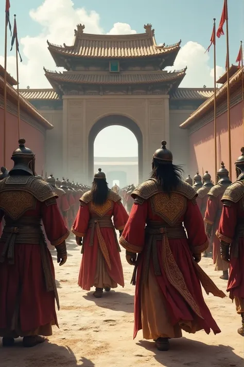 Wanted Peace (Sort of): Genghis Khan sending emissaries to a neighboring kingdom to negotiate trade, with the scene showing Mongolian messengers dressed in traditional attire approaching a foreign court. Suspicious soldiers guard the courts gates, and the ...