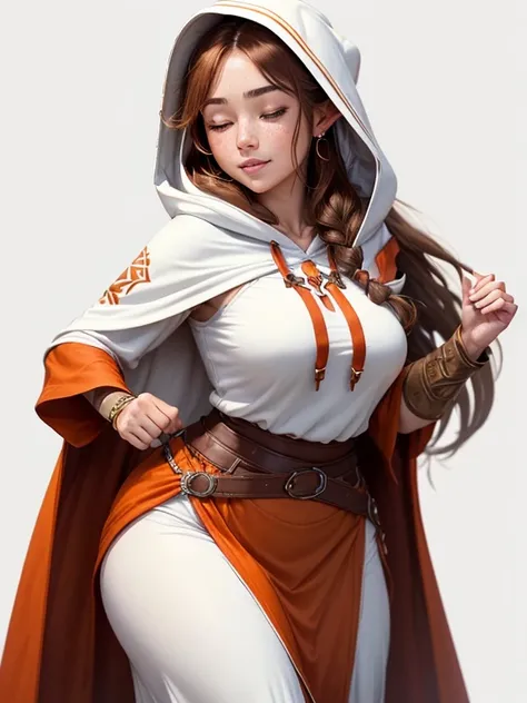 ((Best quality))) (((HD))) (((8K))) (Character) 20-year-old woman, ((Adventurous)), (eyes closed), elf, ((Beautiful)) and ((cheerfulness)), (freckles),  ((brown hair)) and ((very long hair:1.2)), voluptuous and chunky design, Brown hair body large breasts ...