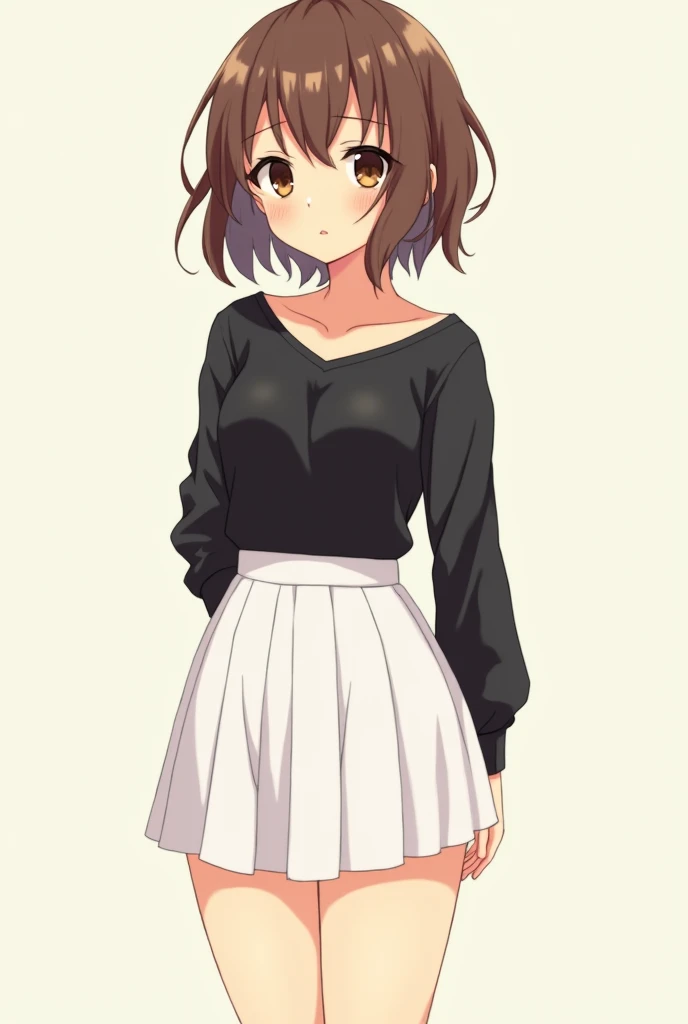 Short anime girl, brown hair, brown eyes, curvy, black shirt, long sleeves, short white skirt