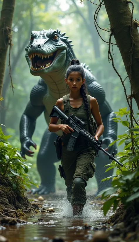 Create A Beautiful Indonesia Woman Soldier Walking And A Giant Giant Furious Comodo Dragon Walking in Water Forest Behind Her Wearing Vest And Holding A Big Gun, Walking On Two Legs , Ultra Realistic, Girl Have Similar To Indonesian Girls, Blue Eyes , 