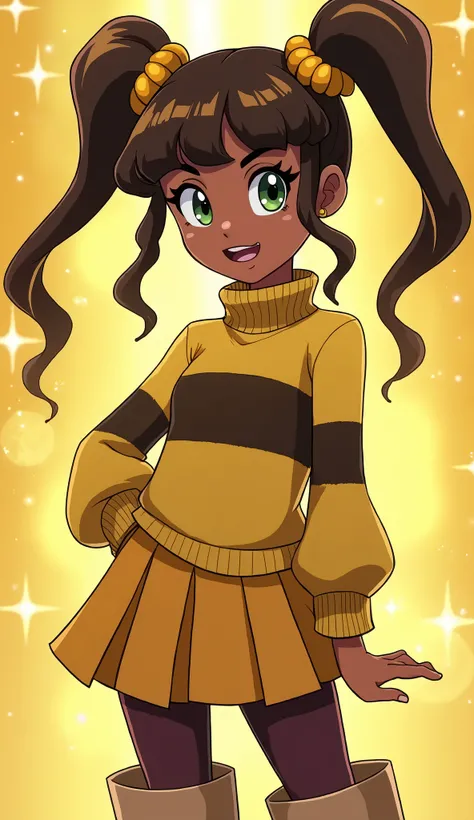 (Close up), (Close up from top of head to bottom of thigh) ((Karen from DC Super Hero Girls 2019)), Karen is a short, skinny, light brown-skinned teenage black girl with sage-green eyes, maroon-brown lips and long, curly, dark brown hair with honey-blonde ...