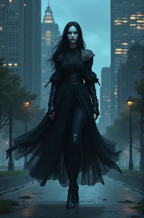 (1 woman, Alone) Faceless,  with riddle mask   (white face  ,  black eyes /)  black hair , long hair, , ( layer that covers the entire body /),  shoulders armor ,  the layer touches the ground ,  pointy black heels boots,   layer used to cover , walking. P...