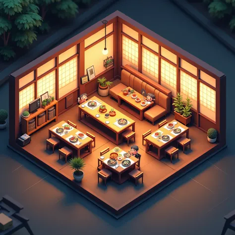 Bird&#39;s-eye view。Japanese restaurant，Neatly arranged，Some cute cartoon characters are eating inside， game scene ， conceptual art，3d cartoon，night，Warm lighting， HD quality