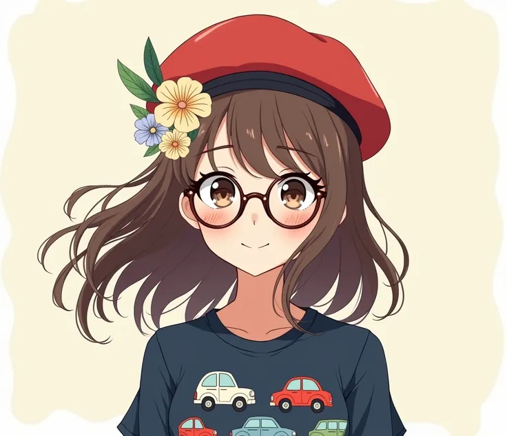 Create an anime girl with brown hair and a red hat with glasses and a dark blue shirt with a picture with cars on her chest with flowers on her head