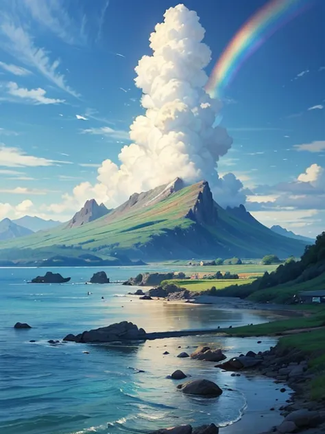 Realistic, Genuine,   beautiful and wonderful landscape oil painting studio Ghibli Miyazaki Hayao;Mountain with rainbow, sky, and clouds 