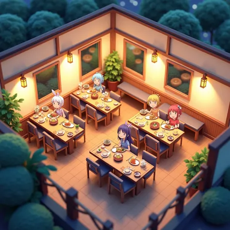 Bird&#39;s-eye view。Japanese restaurant，Neatly arranged，Some cute cartoon characters are eating inside， game scene ， conceptual art，3d cartoon，Night lights，Warm lighting， HD quality