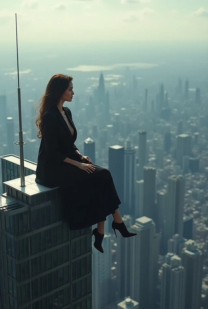 A woman sitting  her on top of a high building 