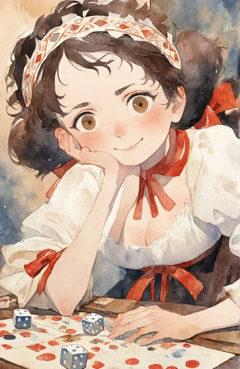 1girl, smile, little fat, brown eyes, forehead, black curly short hair, low twintails hair, ancient Hungarian clothes, headdress, looking away, red ribbon, enjoy play the dices, through the dices to table, dice, dynamic female action pose, shy, Egon Schiel...