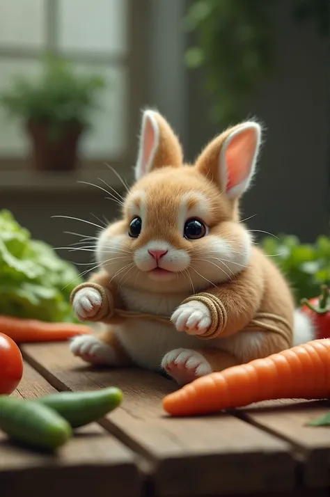 A cute and attractive little furra scared bunny  ,  tied hands and feet on a table with vegetables