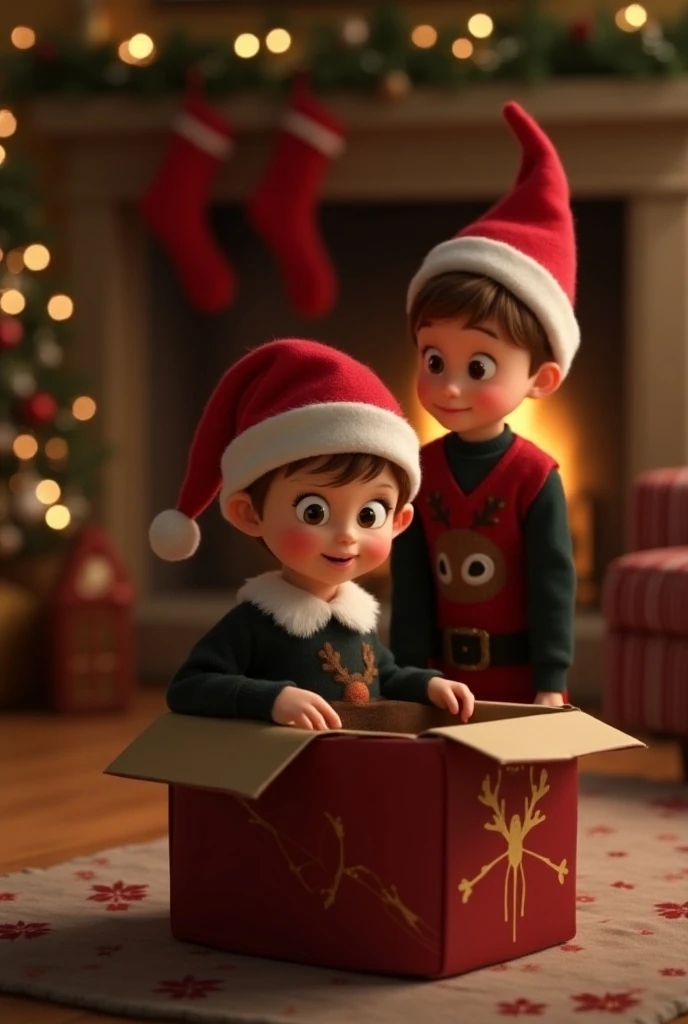 

 I am creating an image of a Christmas elf dressed in red and white, In a package sent from the North Pole by Santa Claus , sans enfants autour. Style pixar. The background is the living room of a house. Un petit garcon de 3 ans, chatain avec les yeux bl...