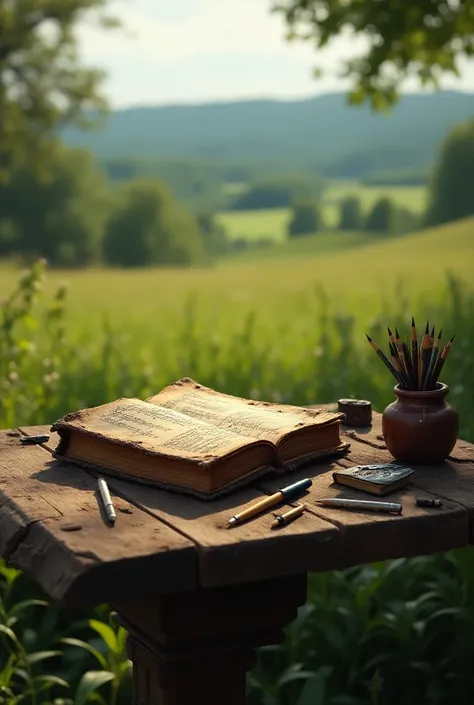 A book written 444 on table with pens and pencils on a table in a farmland.