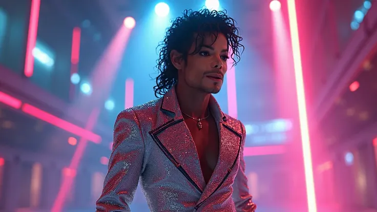 image of Michael Jackson reference character with a futuristic background,**  surrounded by concert lights and special effects,  with the title “Michael Jackson in 2024 : The Return That Never Was” .