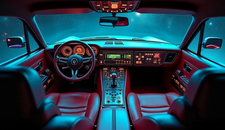 "Interior of a classic Maserati GTO, viewed from inside the car, with an overload of futuristic controls and settings. The dashboard is crowded with an array of holographic displays, digital touchscreens, and glowing buttons, making it look more like a spa...