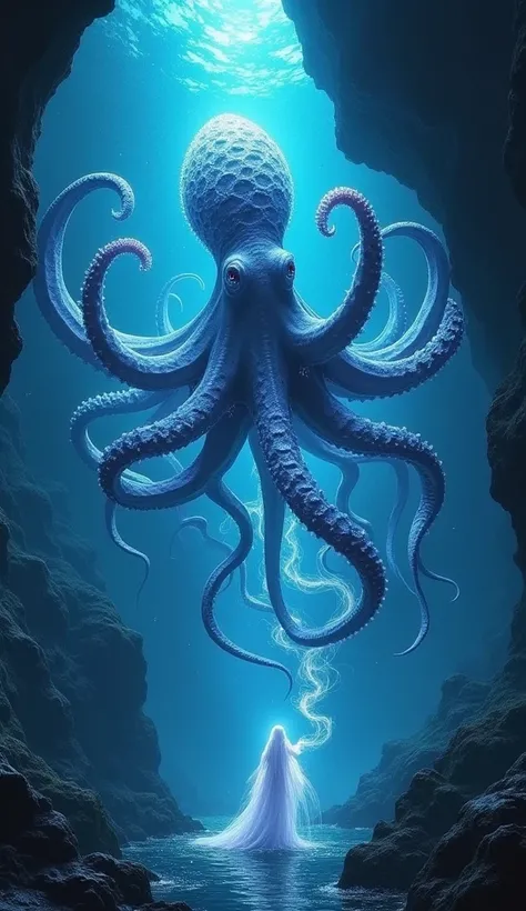 Imagine a giant octopus with tentacles shifting between solid form and mist, gliding through a bioluminescent ocean cave. Its swirling, glowing patterns light up the dark waters, casting an otherworldly glow around its graceful, flowing form. Each tentacle...