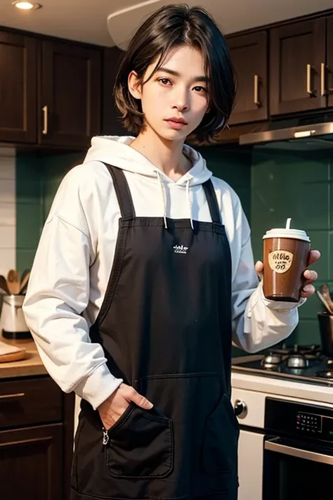  sells hot coffee in a kitchen car、A cat wearing a hoodie and an apron 