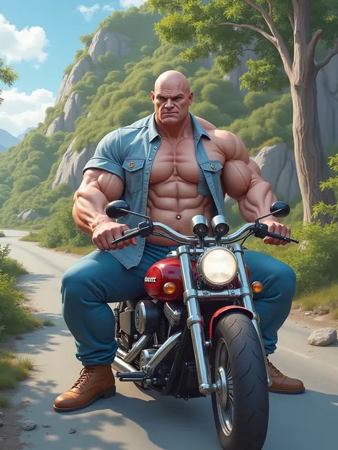 Big giant body builder white bald men wearing unbuttoned double pocket blue shirt with logos in beautiful valley on heavy motor bike 