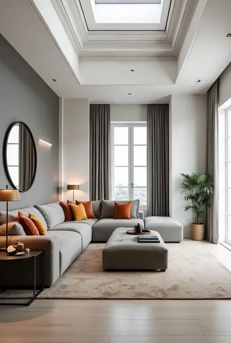 The image showing a modern and luxurious living room with a large window on the right side. The room has a high ceiling with recessed lighting and a skylight above it. The walls are painted in a light grey color and the floor is covered with a beige area r...