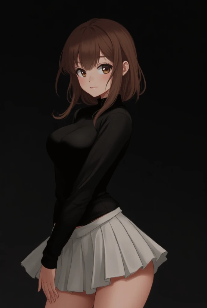 Short anime woman, brown long hair, brown eyes, dark background, curvy, black shirt, long sleeves, short white skirt