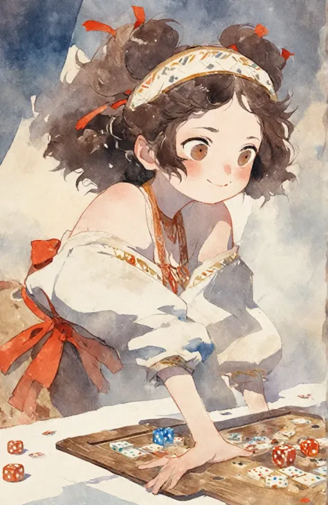 1girl, smile, little fat, brown eyes, forehead, black curly short hair, low twintails hair, ancient bulgarian clothes, headdress, looking away, red ribbon, enjoy play the dices, through the dices to table, dice, dynamic female action pose, shy, Egon Schiel...