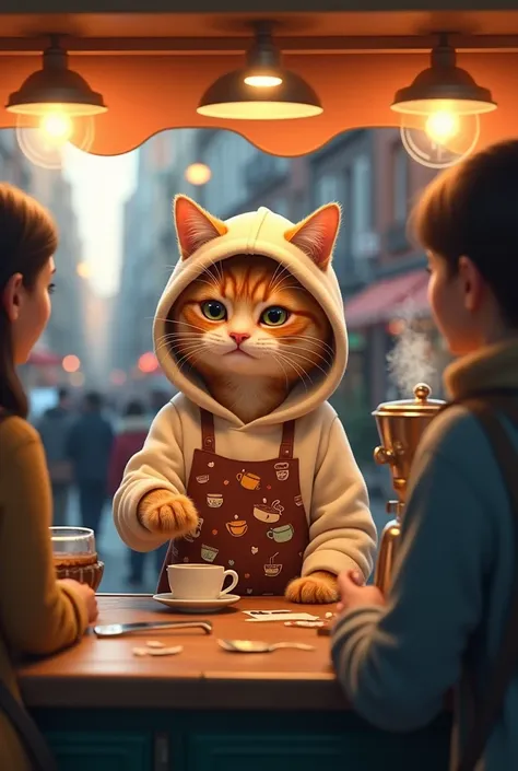  sells hot coffee in a kitchen car、A cat wearing a hoodie and an apron 