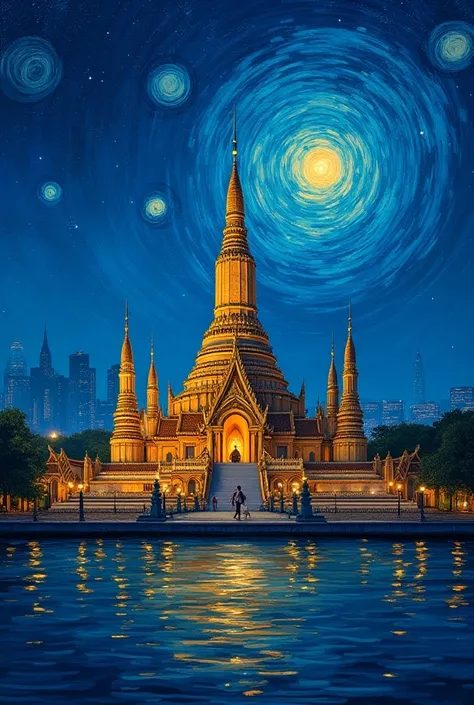 vangogh style, van gogh starry night, wat arun the temple of dawn bangkok