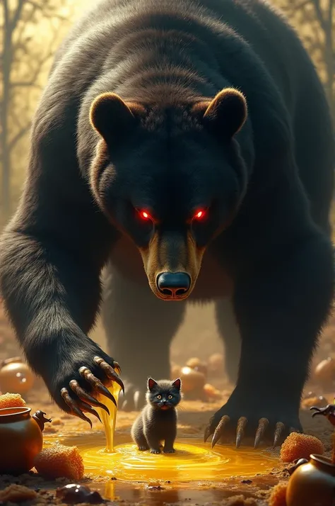 Scene 3:** A massive, black bear with glowing red eyes appears, towering over the small kitten.  The honeycombs and pots of honey are scattered around them, creating a sense of potential danger.

