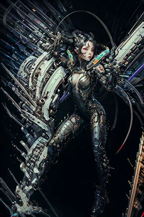 A cyberpunk girl in a powered suit, long black hair, sleek and functional form, steam, dual pistols, beautiful firearms, acrobatics, side aerial, urban ruins, red glowing eyes