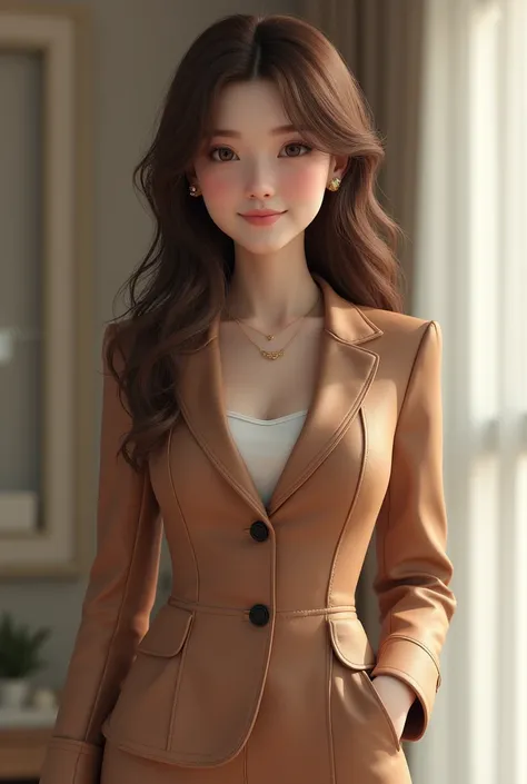 Her hair is realistically brown 、 super cute woman wearing a Sara suit