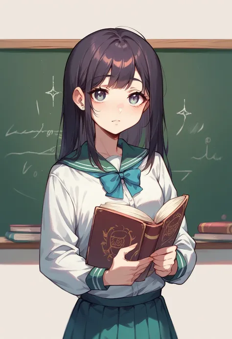 a girl wearing a seifuku uniform sat alone in a quiet classroom staring at the blackboard.,.  cheerful, digital art, book illustration, HD, Illustration, soft color, pastel color