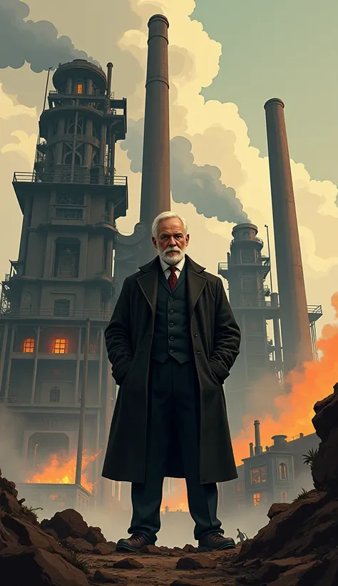 "Illustration of Andrew Carnegie standing in front of a steel mill or beside a massive steel beam, with industrial machinery and workers in the background, highlighting his role in the steel industry."
Style: Dynamic, industrial-inspired illustration
Color...