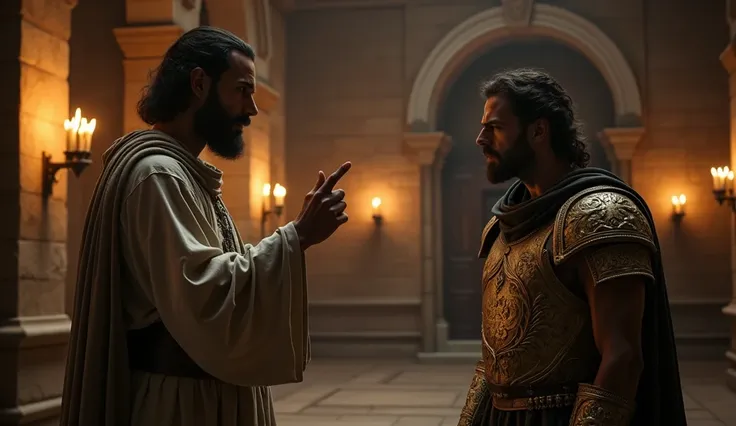 A dramatic, cinematic scene inside an ancient palace, where a prophet of God stands boldly confronting King David. The prophet, dressed in simple yet dignified robes, points a finger or holds a hand up in a gesture of authority and conviction. David, weari...