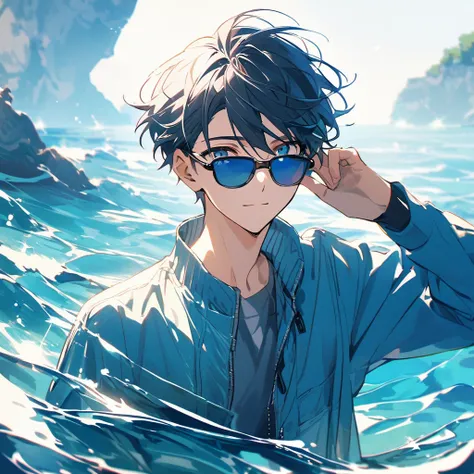 A young man，Short hair，Wear sunglasses，Looks like hes enjoying the music in the blue jacket ，The background is blue water with rippling waves。