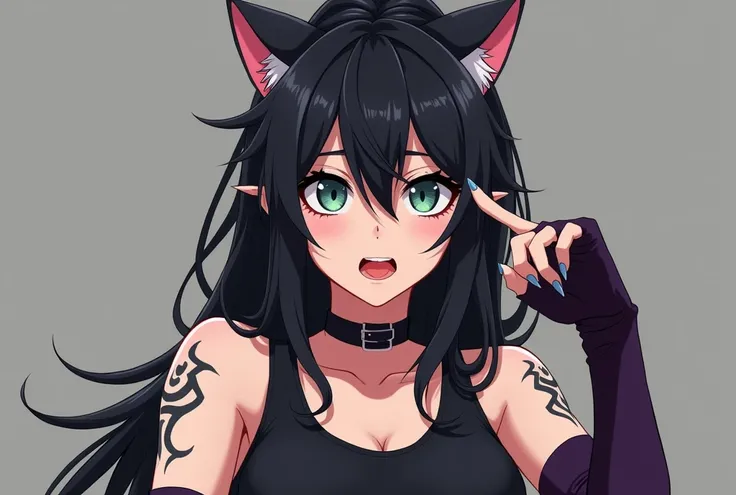 "A mature, anime pinterest-inspired woman with a feline appearance. She has long black hair loosely tied in a low ponytail just below the nape of her neck, giving her a relaxed, wild look. She has no human ears, instead displaying cat ears, and her eyes fe...