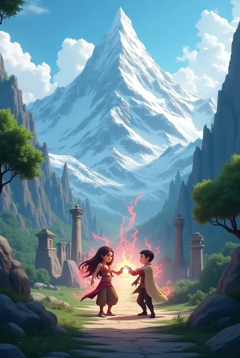 In cinematic 3d cartoon style " The setting is a mystical, ancient landscape with mountains, forests, and temples, capturing the essence of the epic battle between good and evil."