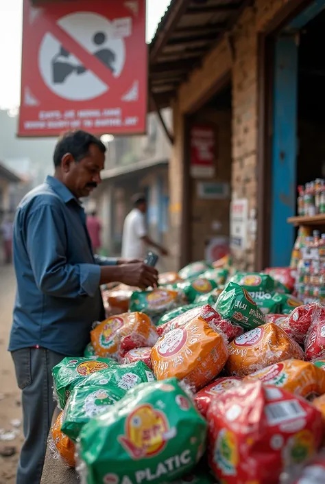 "A scene in Dabhoi town illustrating the irony of a plastic bag ban with signs promoting No Plastic Bags in Gujarati. In contrast, a vendor openly sells small sachets of local liquor, each wrapped in single-use plastic. The scene captures the contrast betw...